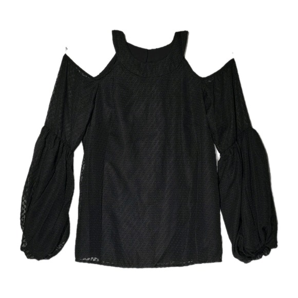 NWT CeCe Women's XS Black Cold Shoulder Blouse Swiss Dot Puff Sleeve Lined Top - Picture 3 of 10